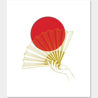 Japan Hand Fan Retro Red Gold Vintage Flag Posters and Art